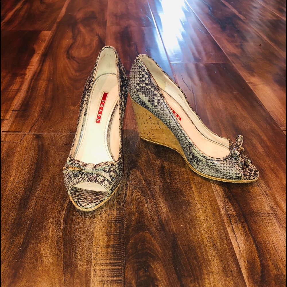 PRADA, cork wedge peep toe heels.